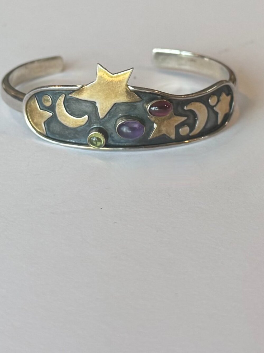 MOON + STARS CELESTIAL STERLING SILVER MULTI GEM CUFF BRACELET